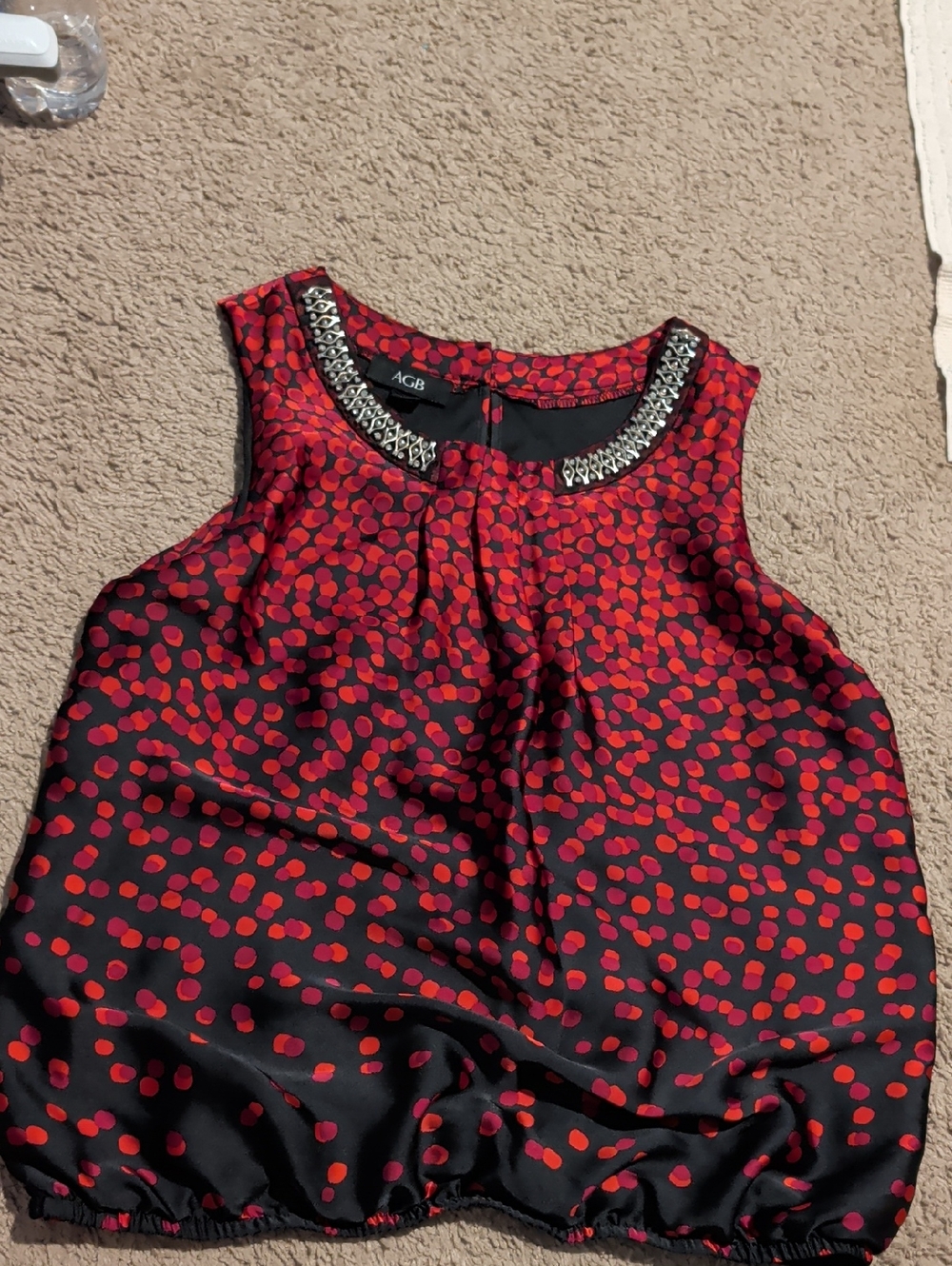 AGB Red Polka Dot Sleeveless Camisole with Jeweled Neckline, Size Small